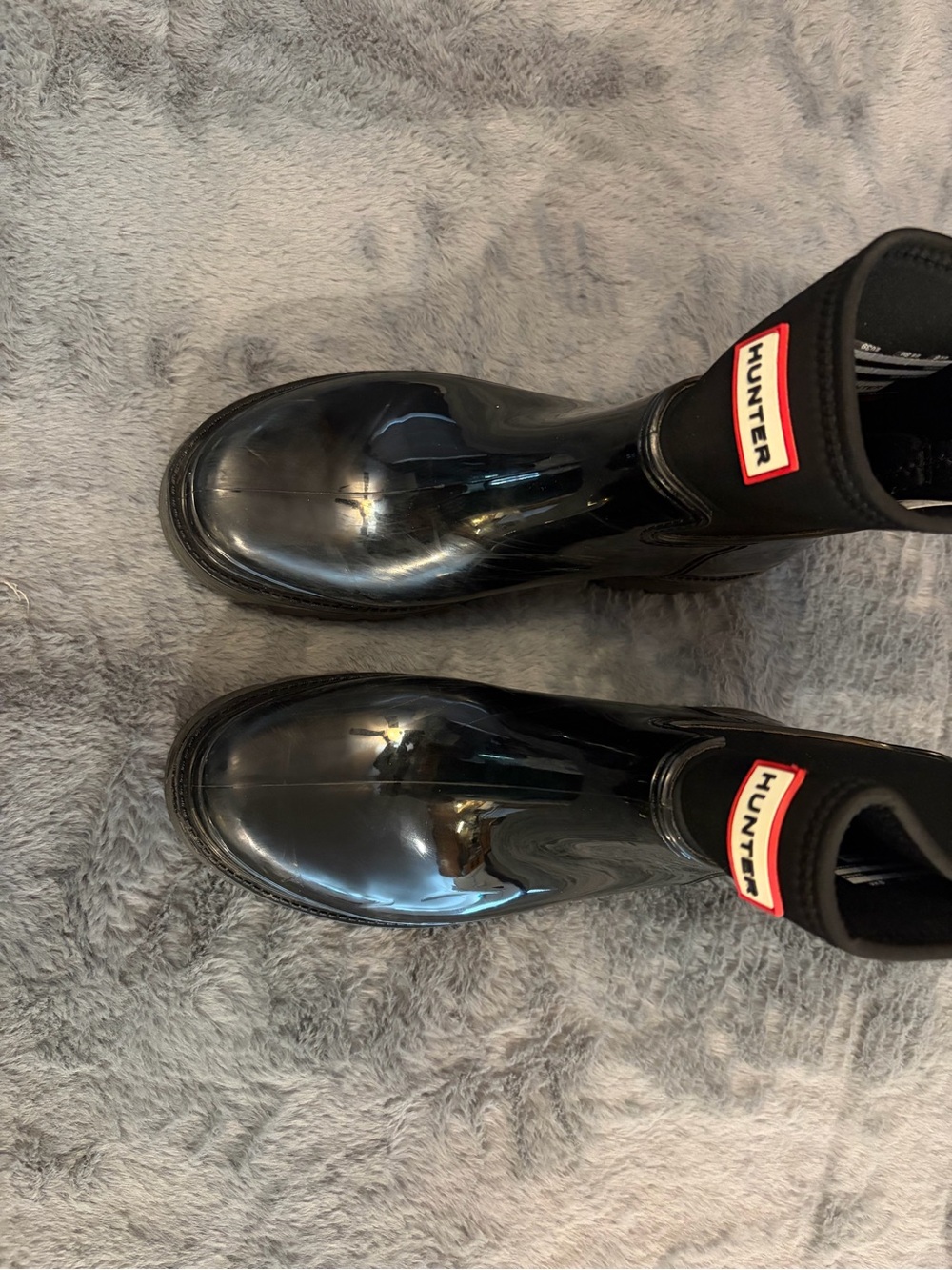 Hunter Black Gloss Ankle Rain Boots with Red Logo Trim